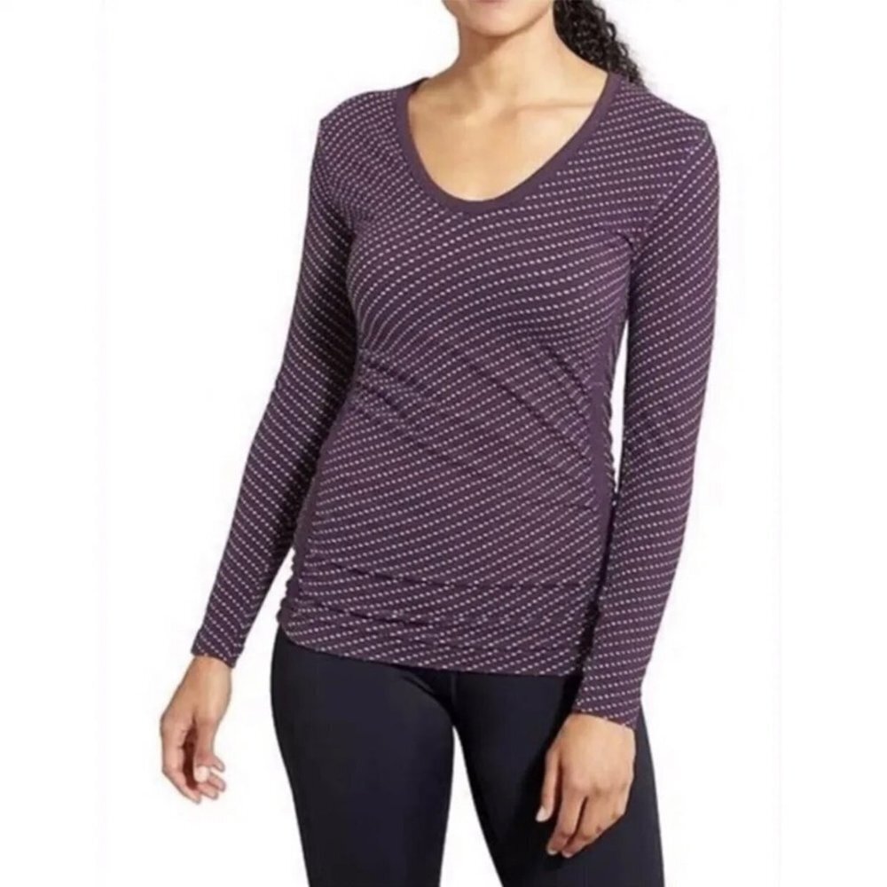 Athleta Dottie Ruched Active Top Womens XS Purple Polka Dot Long Sleeve Stretch